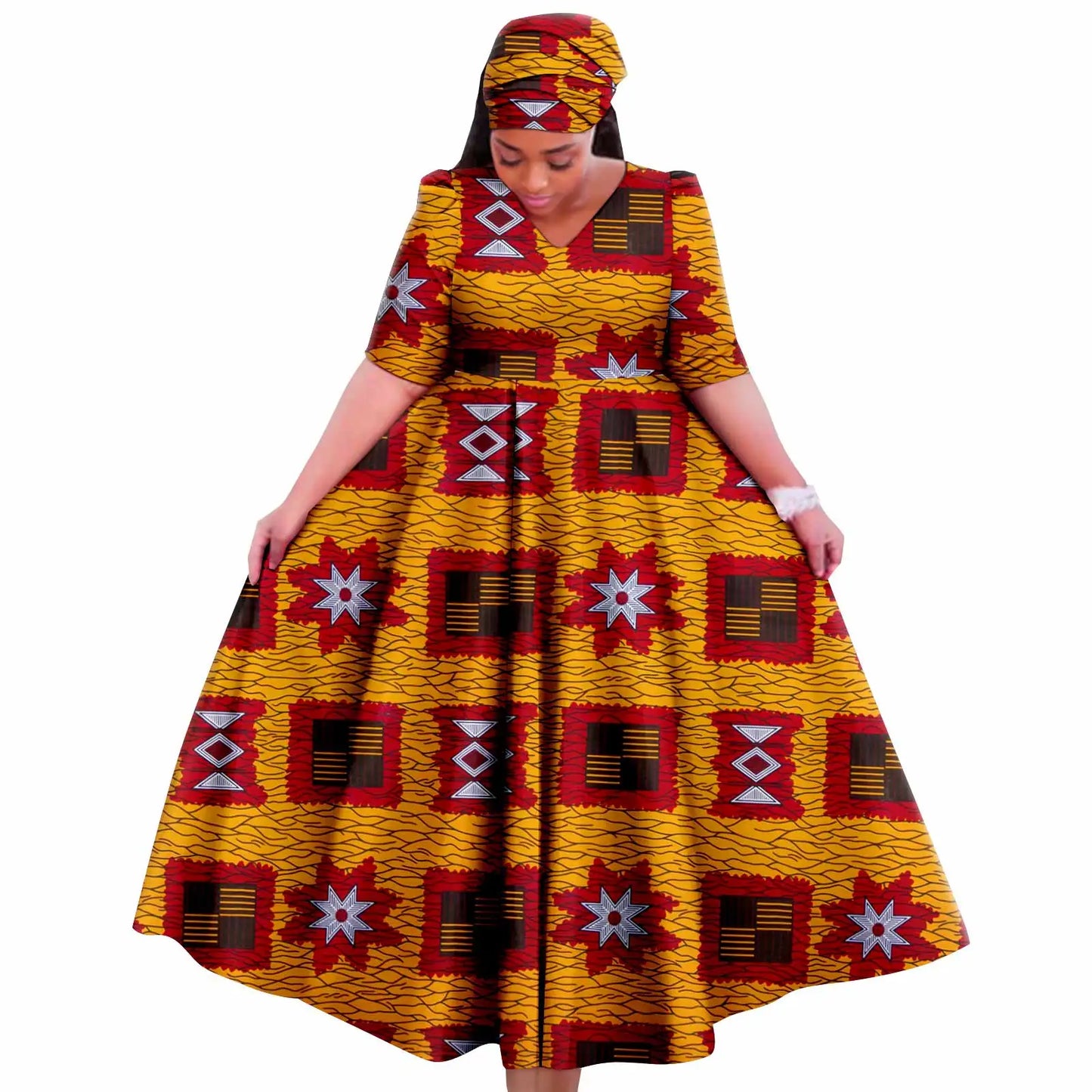 Maxy Church Dresses for Woman Traditional Party Gown V Neck Maxy Dress with Free Turban Wedding Africa Turkey Style 2425083