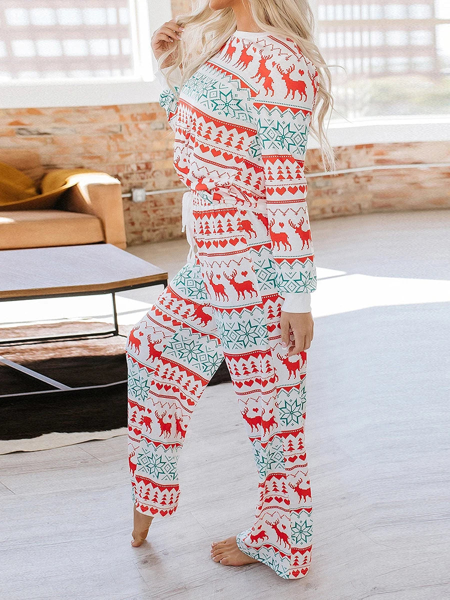 Women s Christmas Pajama Set Reindeer Print Round Neck Long Sleeve Tops Drawstring Long Pants