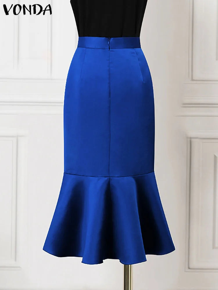 Maxy Plus Size 5XL Autumn Bohemian Fishtail Skirt Women Ruffled Midi Skirts High Waist Casual Solid Color Loose Bottoms