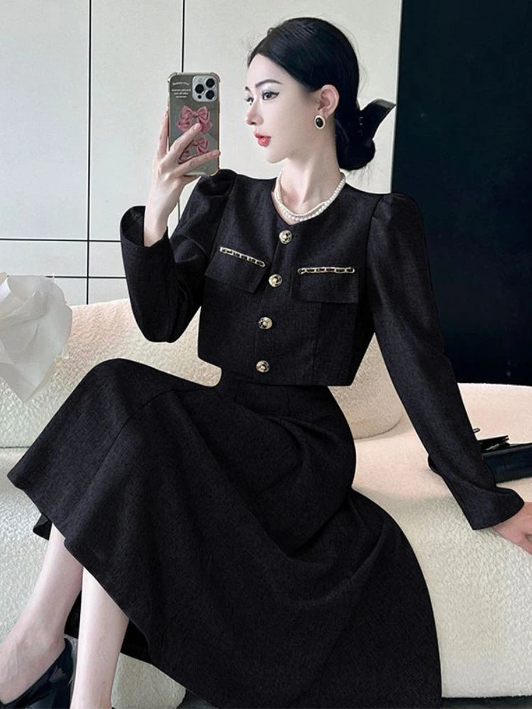 Maxy Korean Fashion Long Dress Set Women Vintage Elegant Office Lady Chic Skirt Sets Female Spring Casual Slim Evening Party Sets