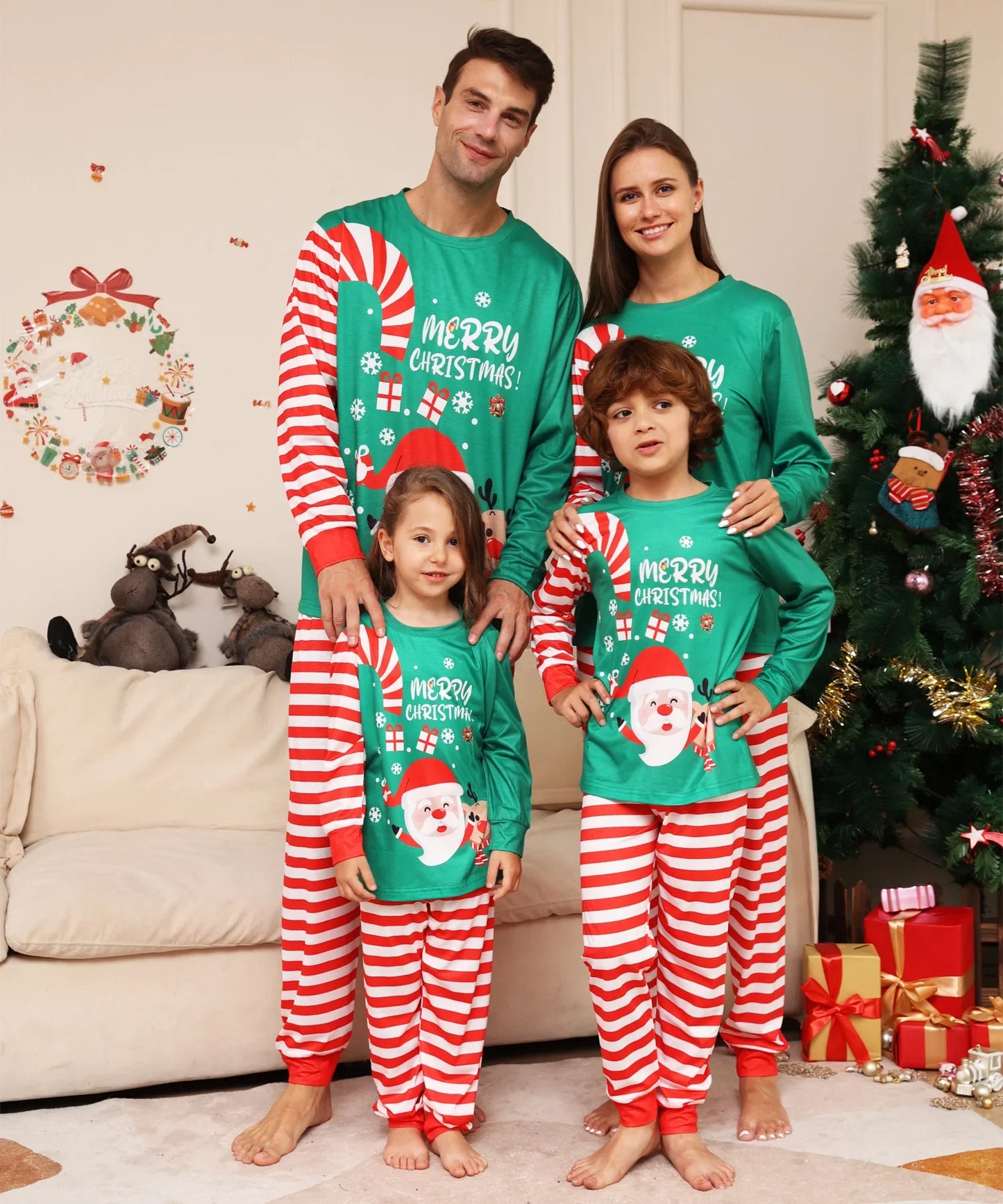 Merry Christmas Cartoon Striped Print Family Pajamas Set Mom Dad Kids Matching Clothing Sets Baby Dog Romper Xmas Look Pyjamas