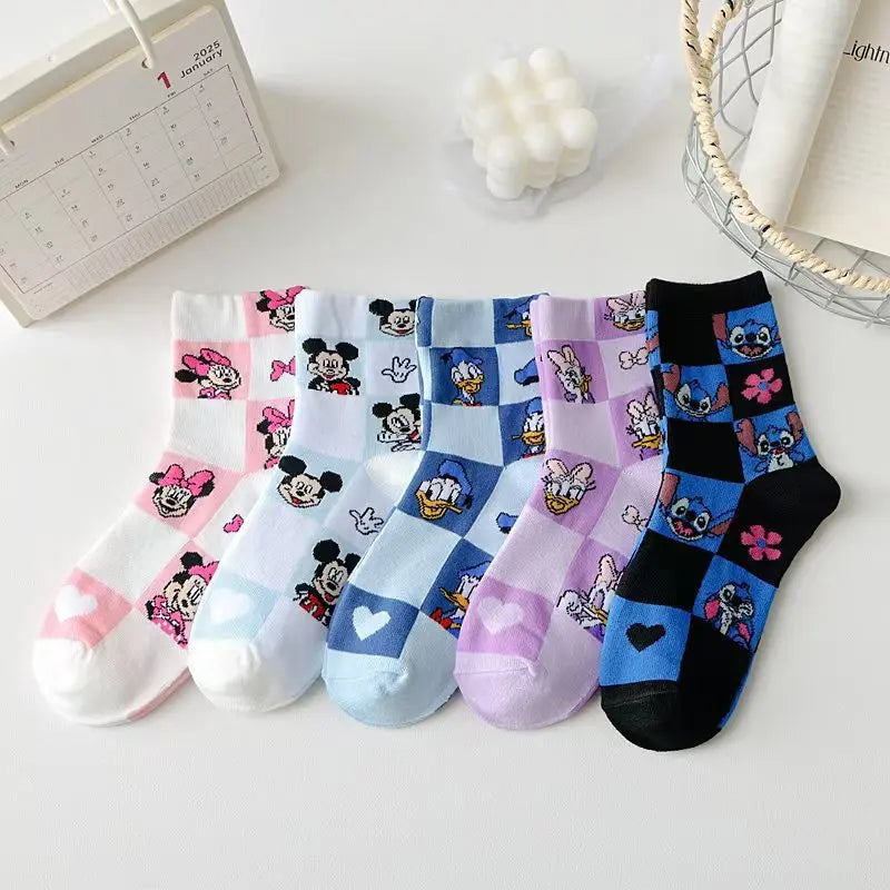 Maxy 5 pairs Kawaii Disney Mickey Mouse socks Cotton Mid-calf Socks Donald Duck stitch Stockings for Men and Women Warm Socks Gift