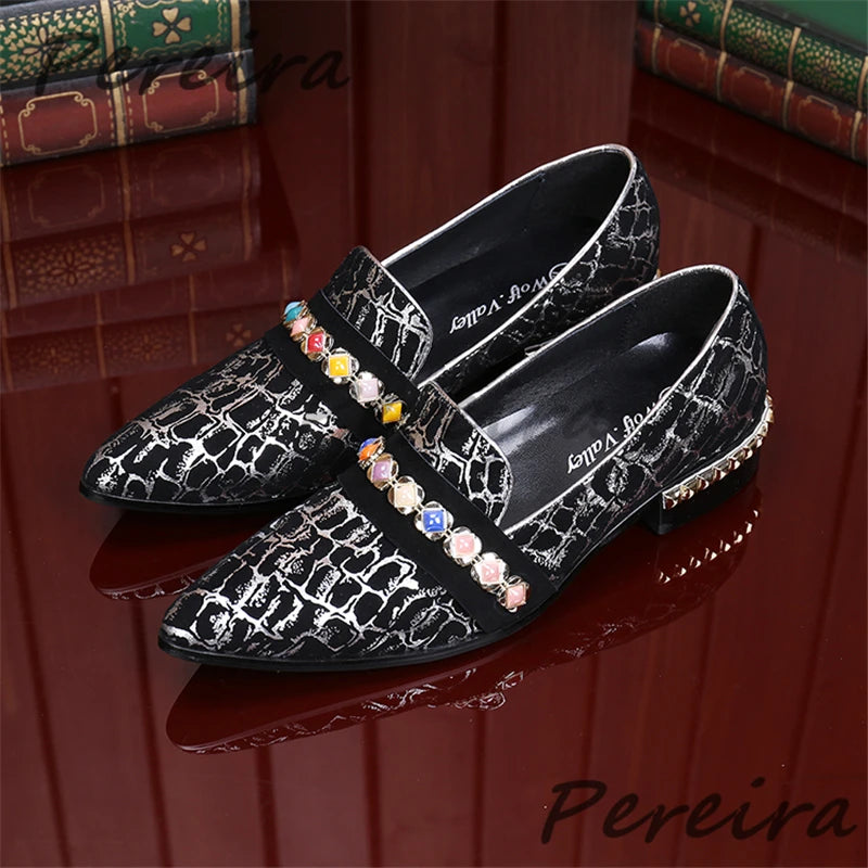 Visco Genuine Leather Snake Patterned Men Shoes Fashion Rhinestone Strap Metal Decor Loafers Pointy Toe Med Heel Casual Business Shoes