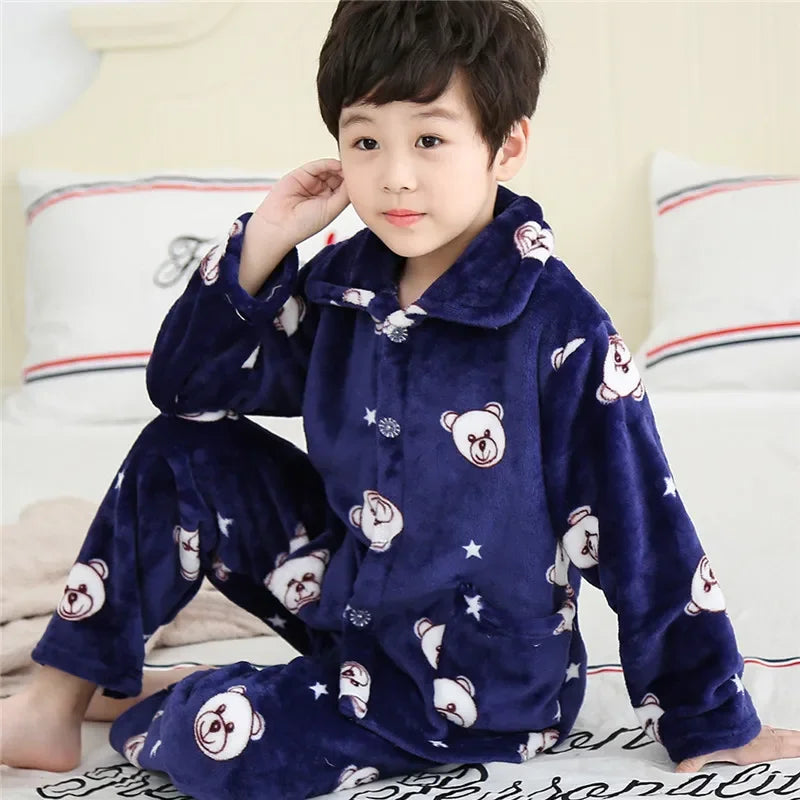 New Kids Max Pajama Sets Boys Girls Autumn Winter Thicken Warm Home Wear Cartoon Lapel Long Sleeve Sleeping Clothing Sets
