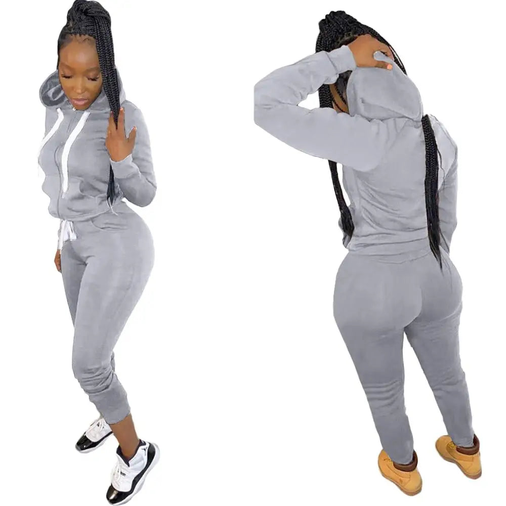 Maxy Fitness Autumn Winter Activewear Two Piece Sets Solid Long Sleeve Drawstring Hodie Sweatshirt Pants Sets Joggers Sport Tracksuit