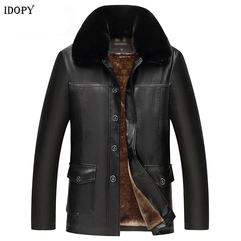 Maxy Idopy Men`s Winter Faux Leather Jacket Fleece Lined Plus Size M-4XL Warm Thicken Long Casual PU Jacket and Coat Fur Collar