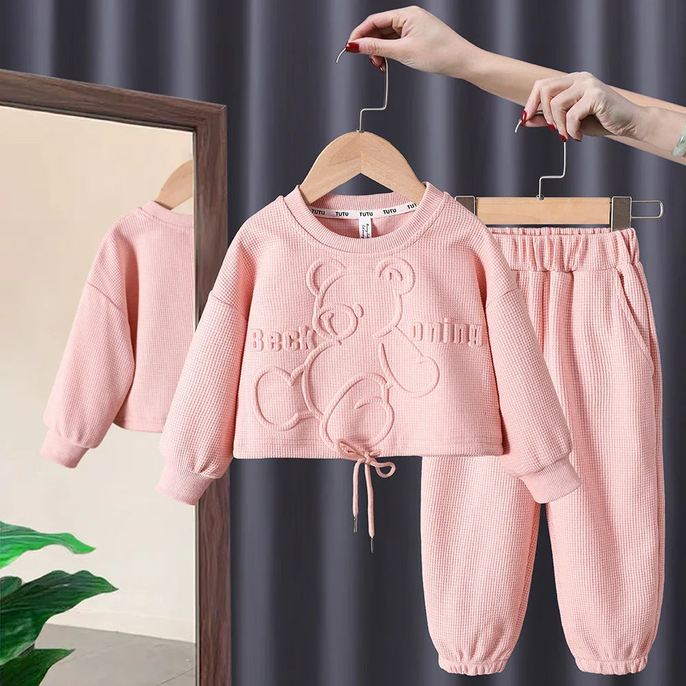 Maxy 2024 Autumn and Winter Baby Girl Clothes Cute Cartoon Bear Sports Suit Sweater + Trousers Two-piece Set Toddler Outerwear Suit