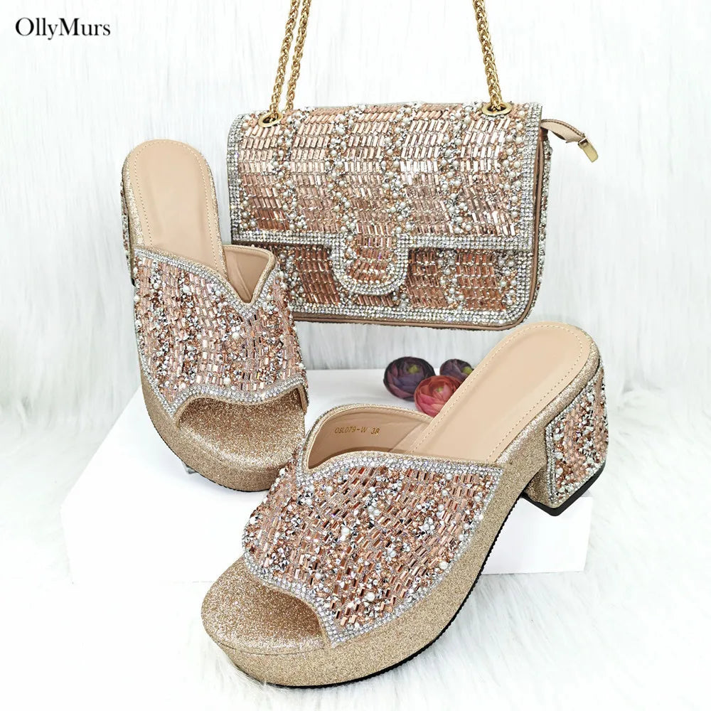 Maxy Design Summer Rhinestone Woman Shoes and Purse Set for Party African Elegant Pumps Slipper And Bag Matching Set