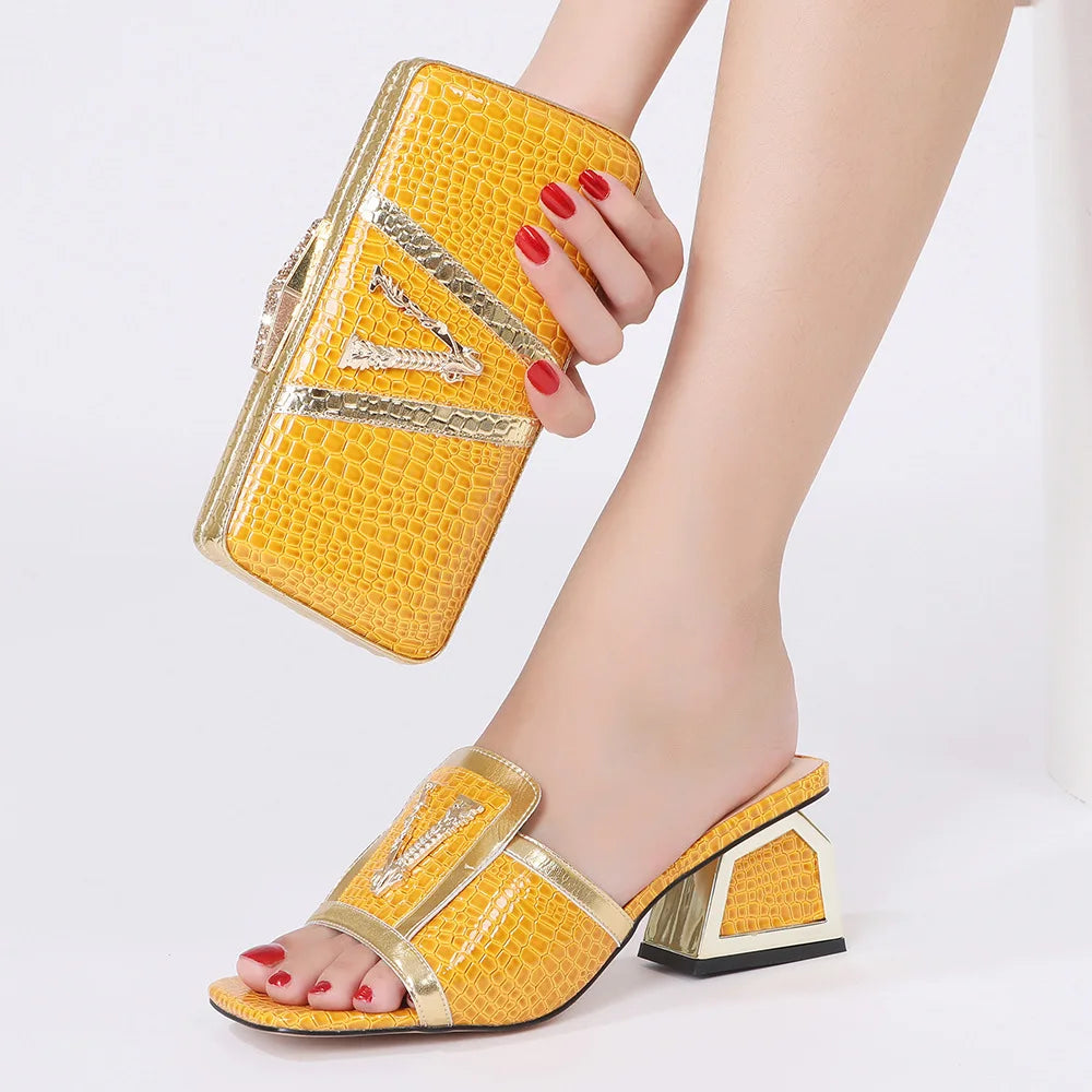 Newest Brilliant Maxy Shoes and Bag Sets Yellow Color Women's Wedding Stronger Heels Shoes with Bag For African Lady Sandals