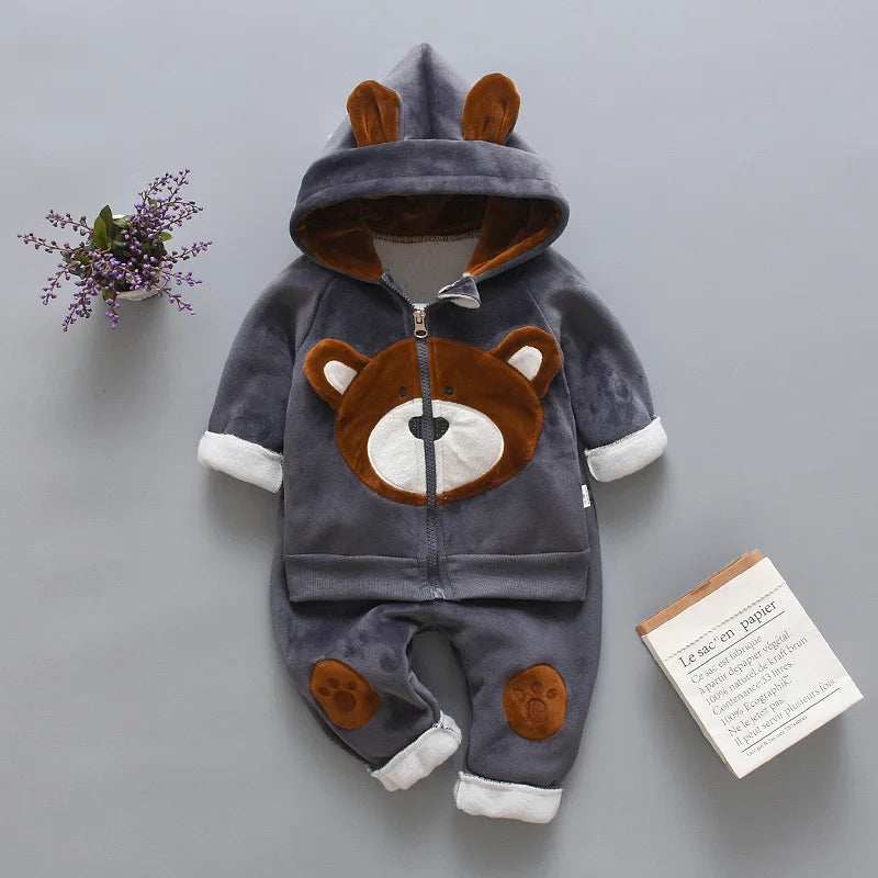 Winter Baby Boys Clothing Sets 2023 Cartoon Toddler Boys Girls Warm Hooded Coats Pants Suit Kids Thick Tracksuit Clothes Set