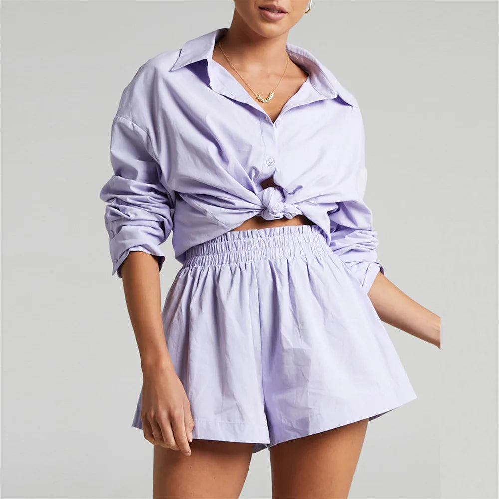 Maxy Women Tracksuits Shirt with Mini Shorts Cotton Two Pieces Sets Fashion Clothing Outfits Women Blouses Fashion Tracksuits