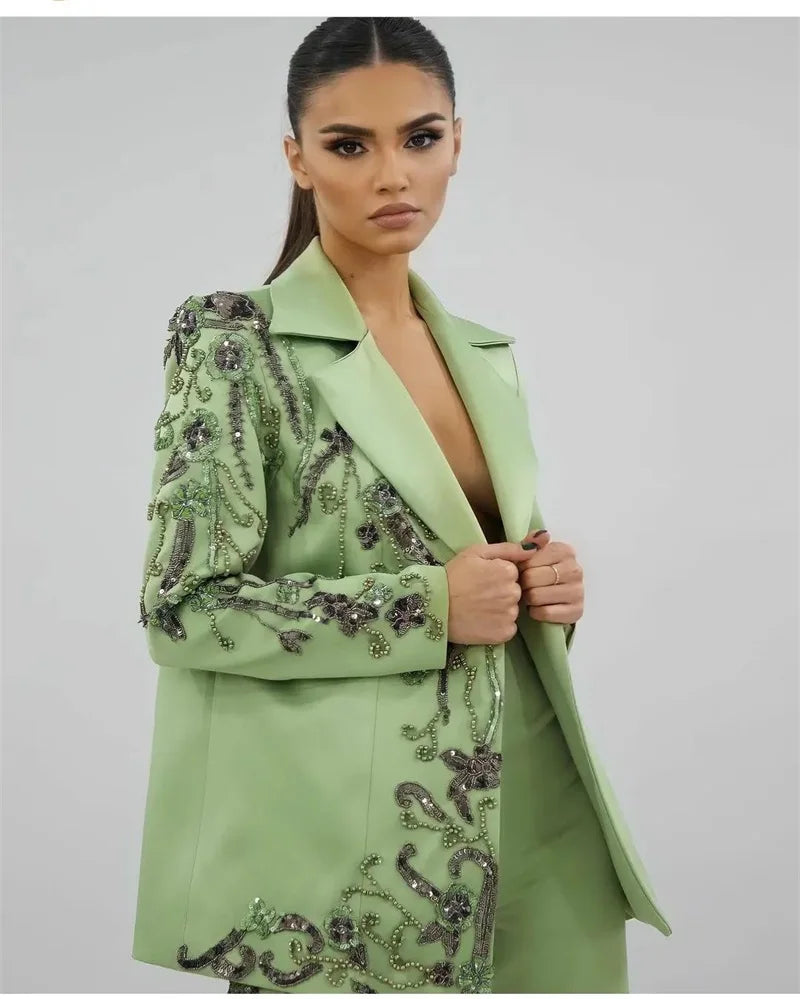 Maxy Designer Green Satin Women Suits Set Luxury Bead Applique Formal Wedding Evening Prom Dress 2 Pieces Blazer+Pants Customized