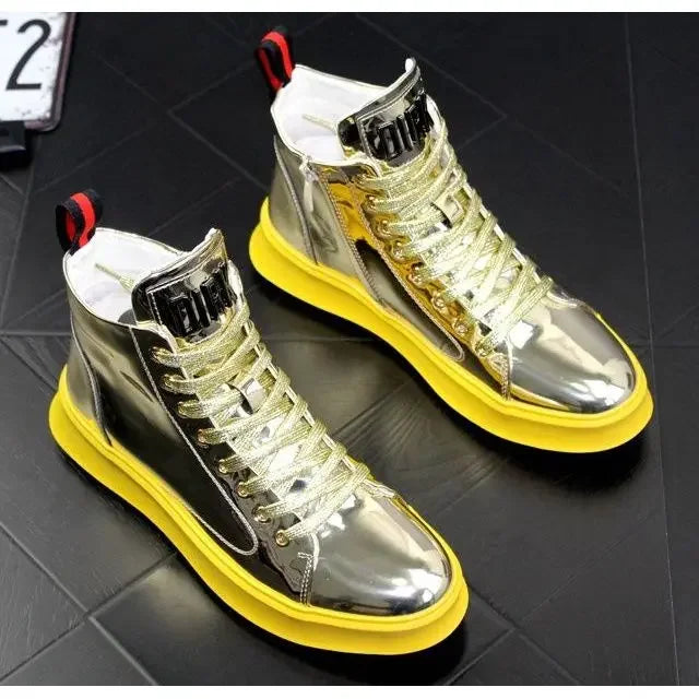 Amay Fashion Y2K boots for men shine leather metal decoration high top boot luxury shoes hairdresser Casual Male sneakers Botines