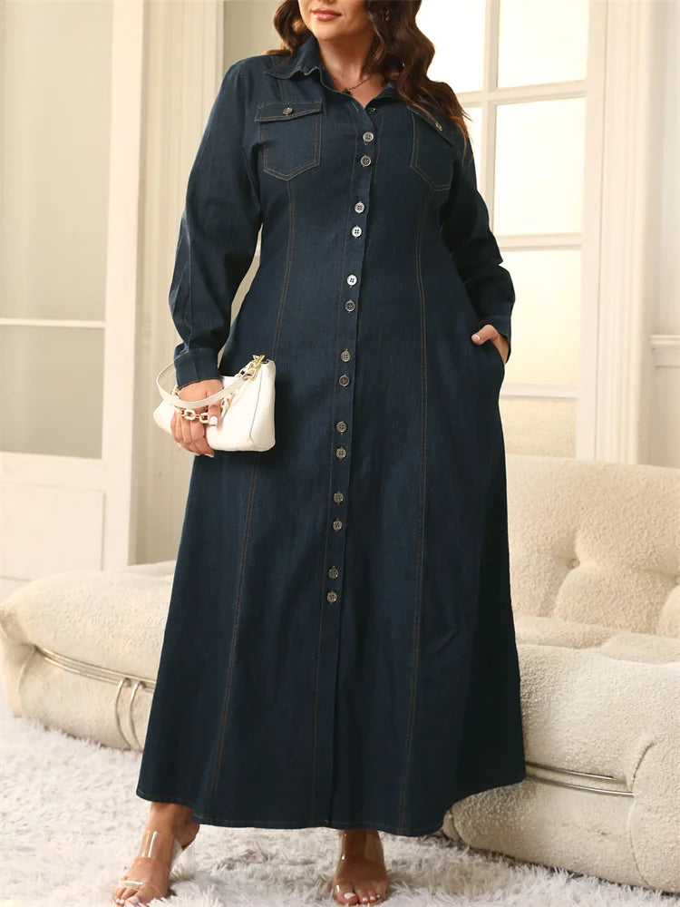 Wmstar Plus Size Dresses for Women Denim Button Solid Long Fashion Elegant Maxi Dress Fall Winter Clothes Wholesale Dropshipping