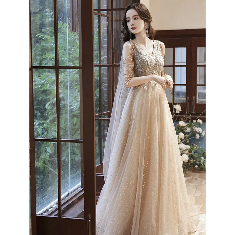 Maxy Summer Women's New Super Immortal Beaded Glitter Celebrity Long Style Banquet Evening Dress Fashion Art Exam Host Dress
