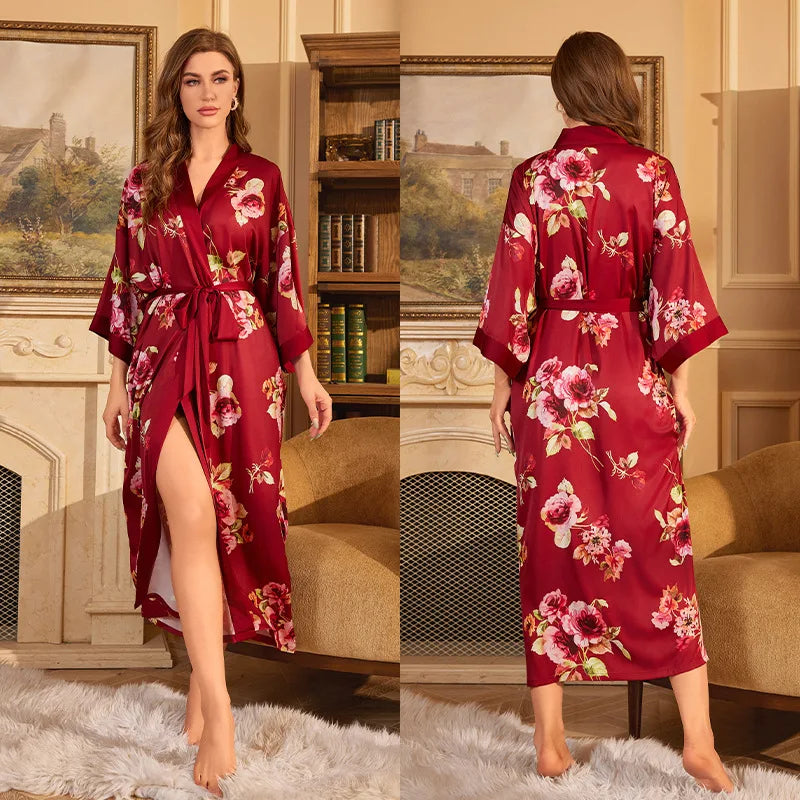 Maxy Japanese Style Half Sleeve Kimono Bathrobe Gown Female Long Robe Nightgown Sleepwear Loose Satin Print Flower Home Dressing Gown