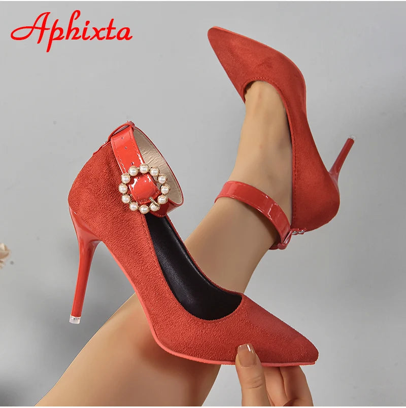 Amay Apheta Round Pearl Metal Belt Buckle 10cm Stiletto Heels Flock Pumps Women Banquet Shoes Strap Pimp Pointed Toe Big Size 35-50