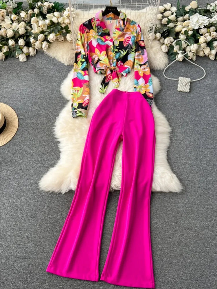 Amay Elegant Women Casual Print Pantsuits Vintage Shirts Tops High Waist Wide Leg Pants Two Pieces Set Female Party Outfits Clothes