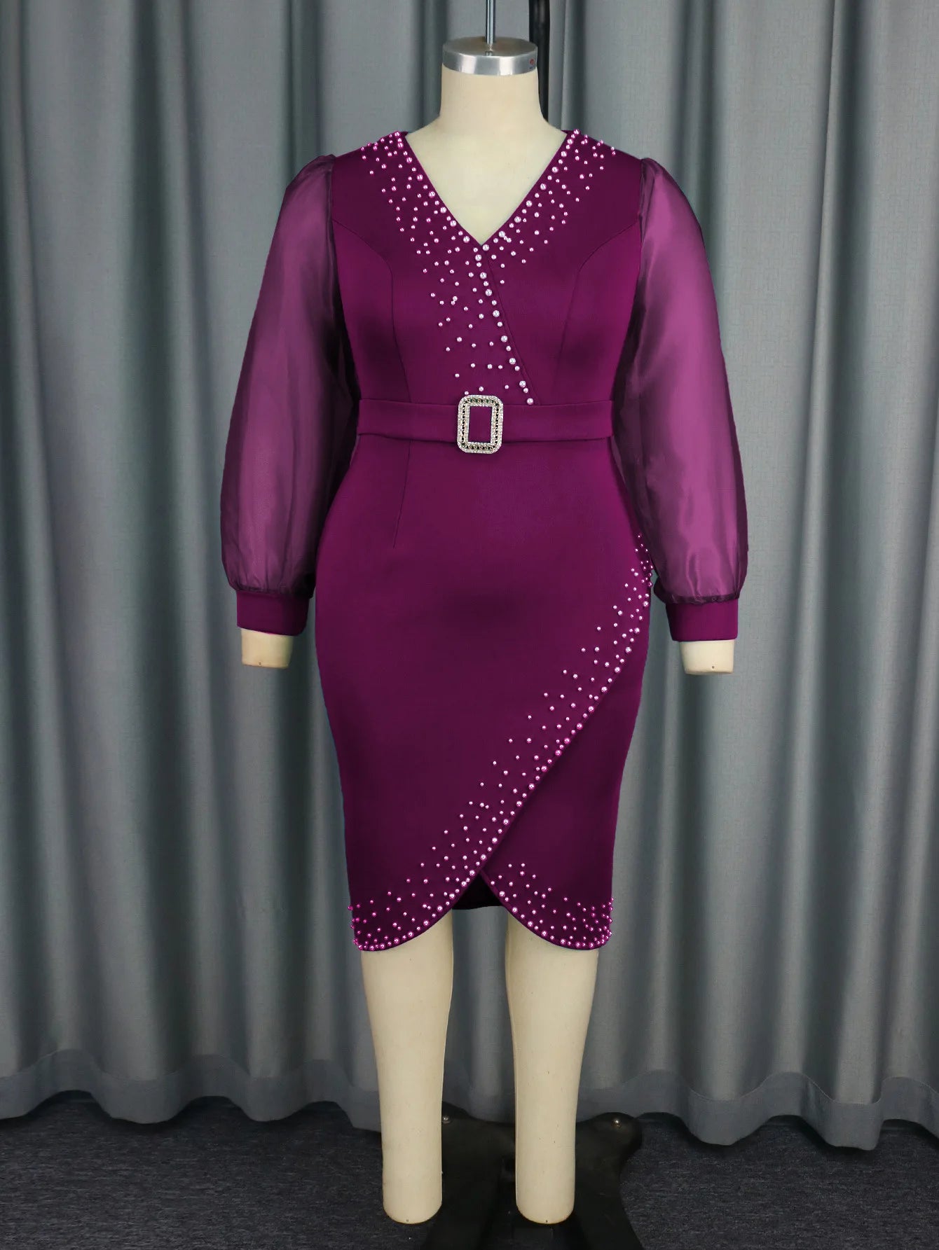 Amay Women Luxury Beaded Evening Party Dress V-Neck Mesh Bubble Sleeves Slim Fit Pencil Midi Dresses Birthday Event Plus Size