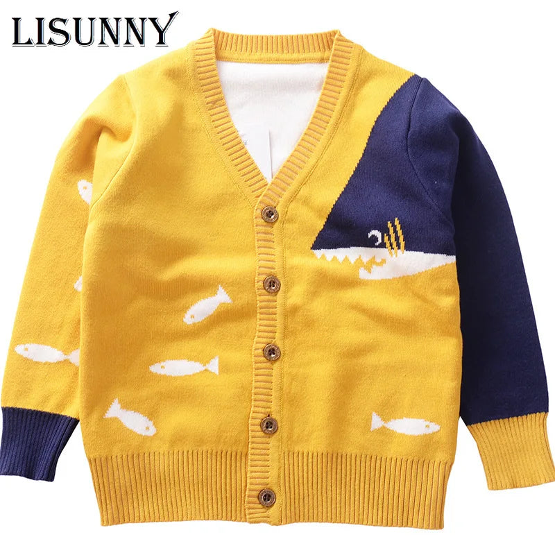 Babs Boys Sweater Cardigan Coat 2024 Autumn Winter Children's Sweaters Kids Knit Clothes Cartoon Whale V-Neck Toddler Sweaters