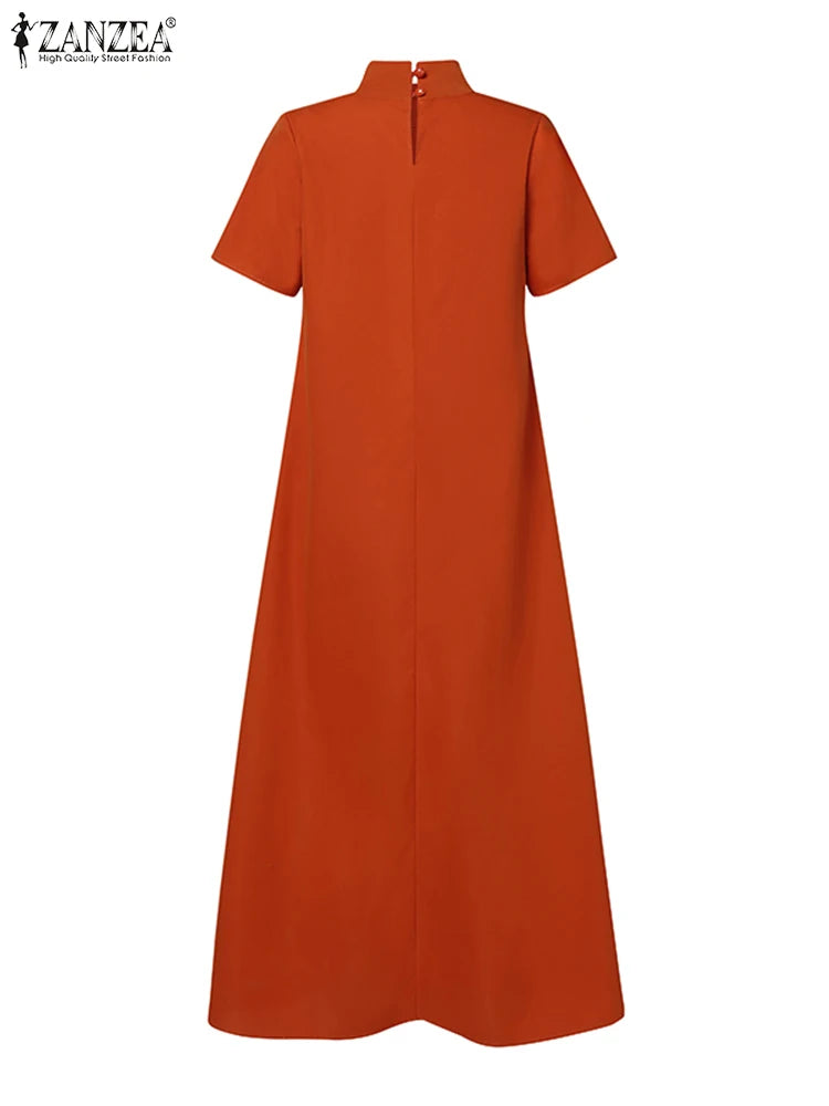 Maxy Summer High Collar Kleid Robes Casual Loose Party Long Dresses Women Short Sleeve Maxi Dress Elegant Solid dress