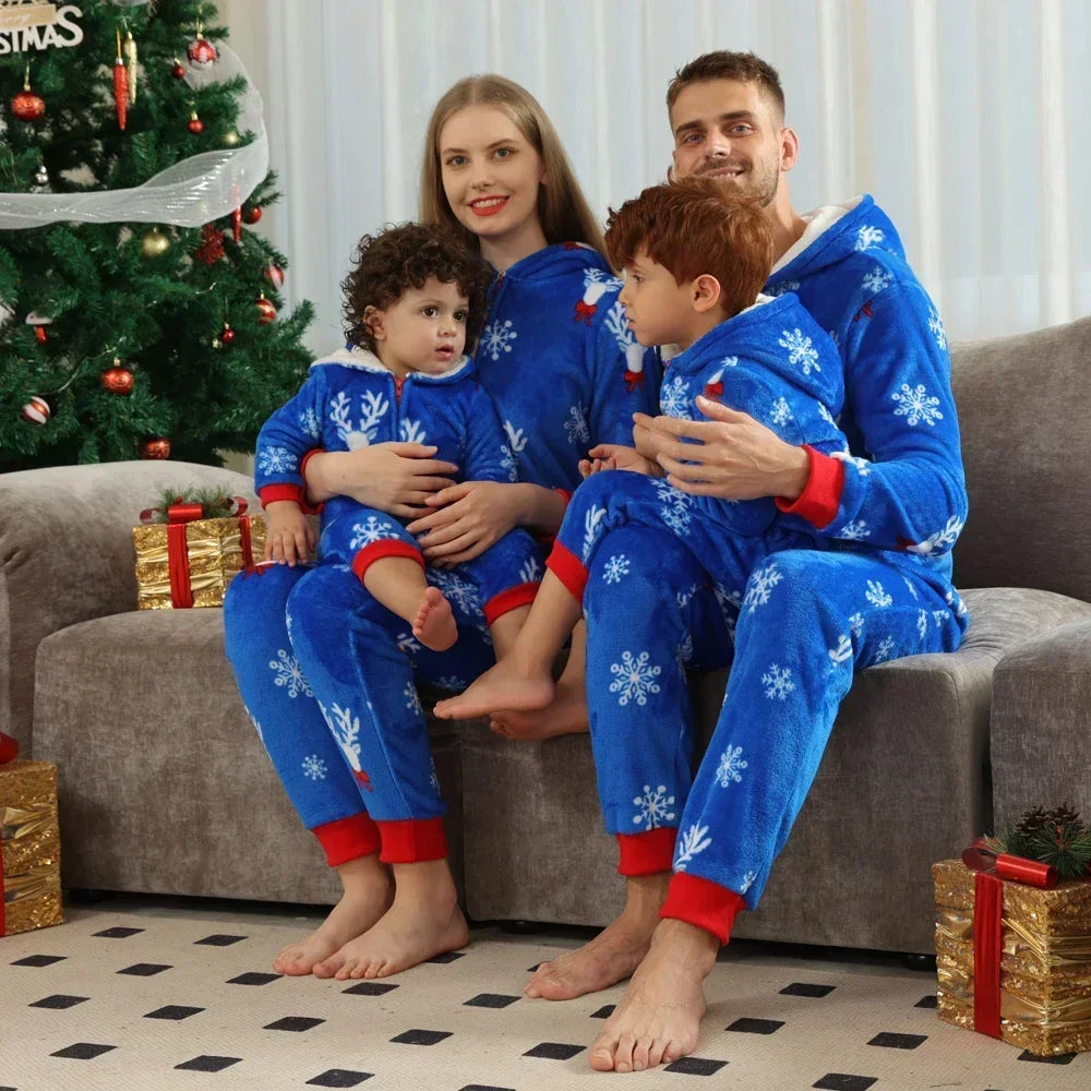 New Year's Clothes Flannel Warm Thicken One-Piece Suit Christmas Pajamas Set Zipper Hooded Jumpsuit Romper Xmas Family Look Pjs