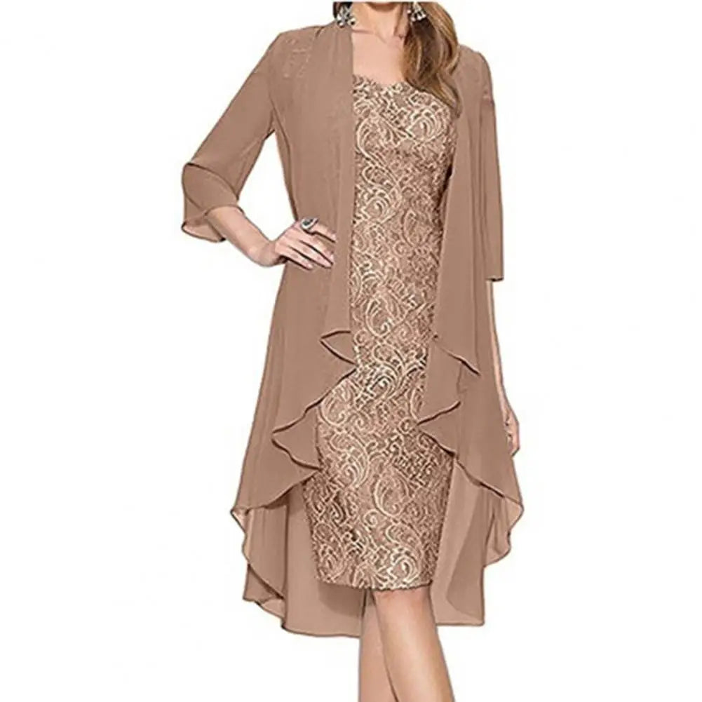Maxy Formal Dress Set Women Outfit Elegant Flower Pattern Lace Vintage Two Pieces Set Women Knitted Cardigan Dress Banquet