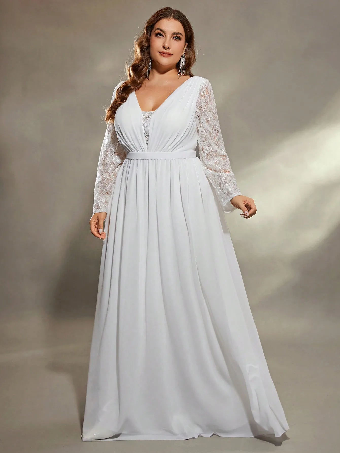 Maxy Mgiacy plus size  Deep V shoulder lace long sleeve chest pleated chiffon wedding dress A full skirt Evening gown Ball dress
