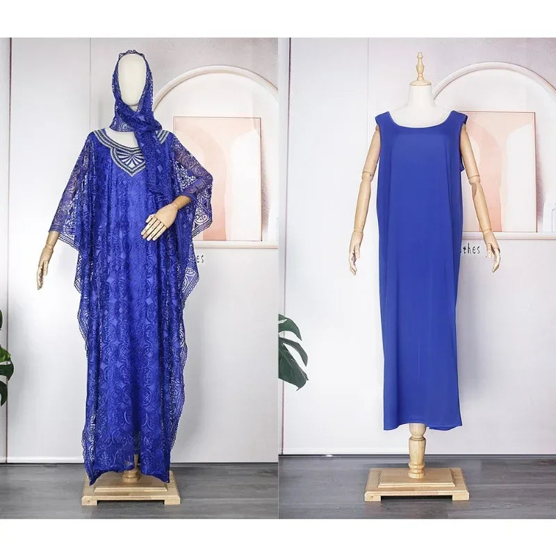 Dashiki Maxy Dresses for Women Spring Summer African Women Blue Yellow O-neck Long Dress Inner and Headtie African Clothes