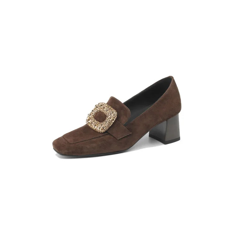 Maxy New Autumn Sheep Suede Loafers French Square Toe Chunky Heels Winter Plush Women Pumps Shoes for Women Zaptos De Mujer
