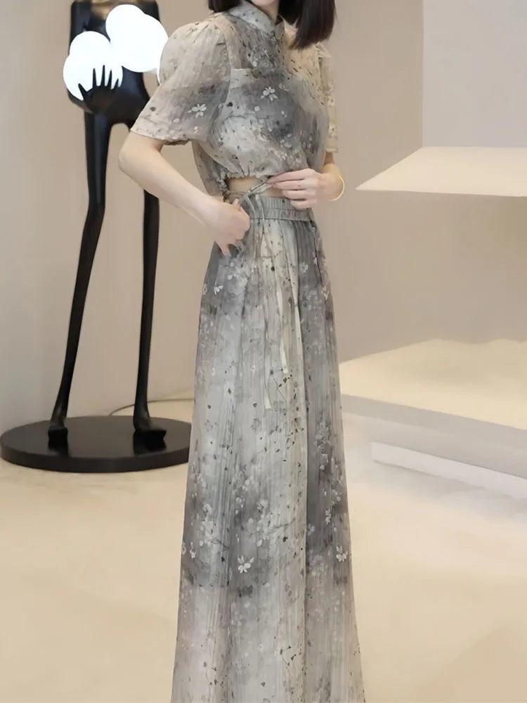 Amay Printed skirt women's summer Chinese high-quality national style printed top niche design temperament two-piece suit