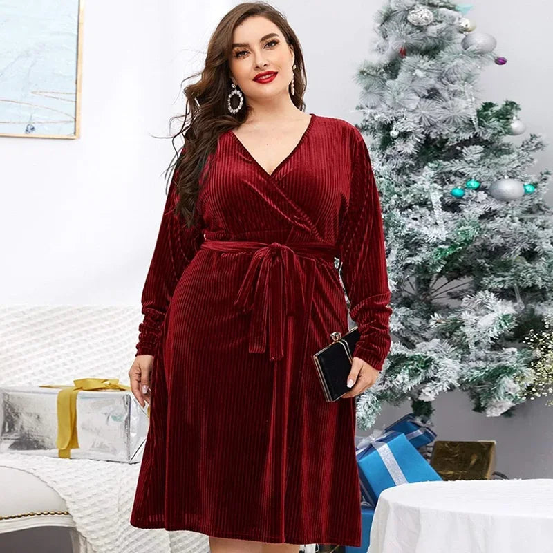 Maxy Plus Size Long Sleeve Elegant Spring Autumn Midi Velvet Wrap Dress Tie Waist V-neck Formal Night Out Party Dress Christmas Dress