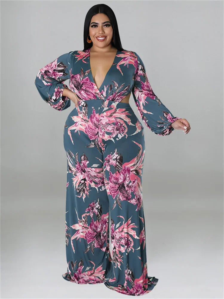 Amay Plus Size Jumpsuit Women Fall Clothes Print One Piece Outfits V Neck Wide Leg Office Ladies Romper