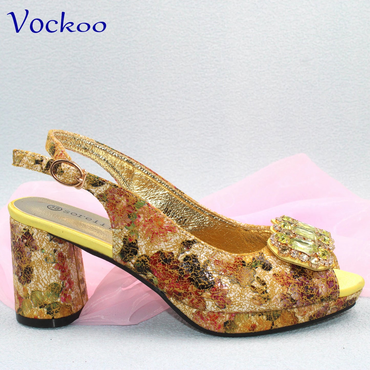 Maxy 2024 Mature Style High Quality Comfortable Heels Italian Women Shoes and Bag Set with Shinning Crystal in Yellow Color