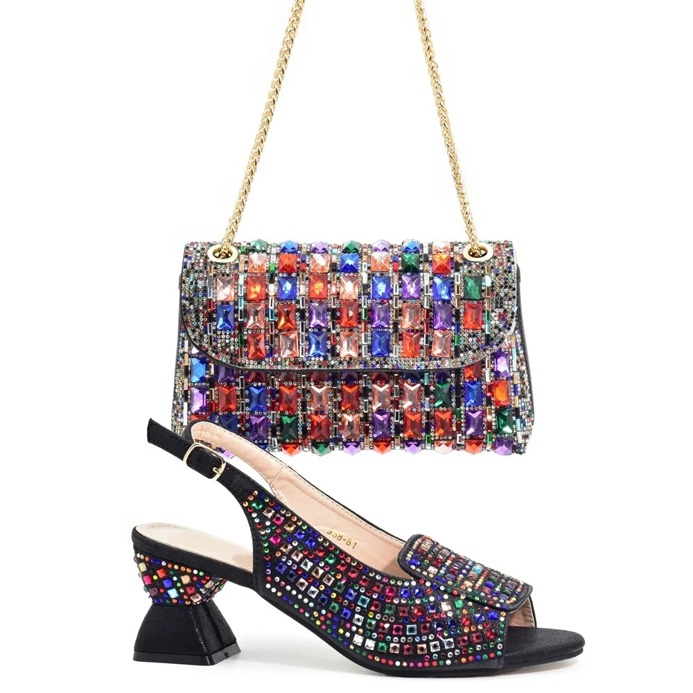 Maxy African Style Ladies Shoes and Bags Set Latest Women Shoes and Bag Set Decorated with Rhinestone Heels Women Luxury