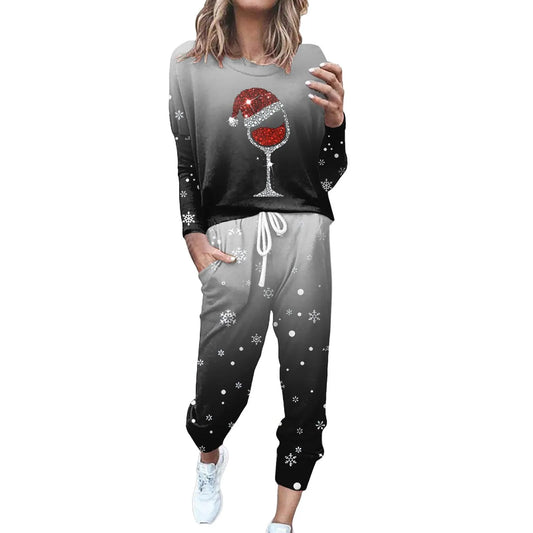 Maxy Hot Sale Christmas Print Set Trend Women'S Tracksuit Fashion Set Outfits Party Suit Long Sleeve Top +Pants Two-Piece Set