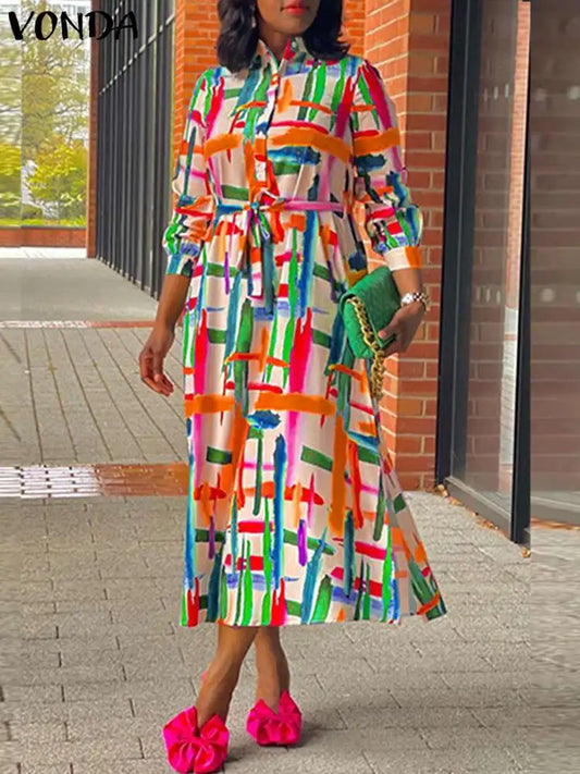 Maxy Plus Size 5XL Bohemian Long Sleeve Vintage Shirt Dress Women Stand Collar Printed Midi Vestido Casual Sundress Belted