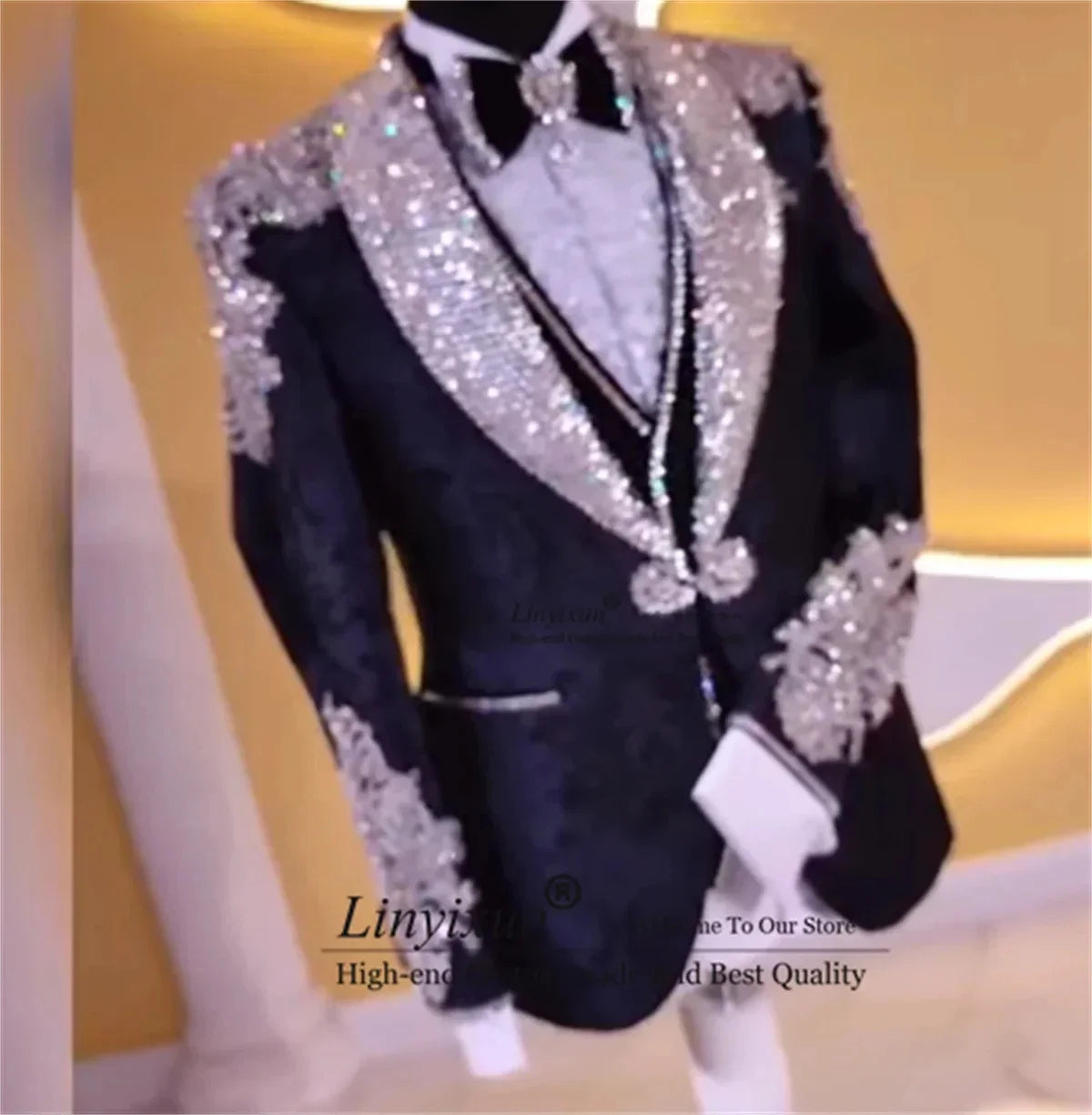 Amay Luxury Beaded Crystals Men Suits Jacquard Groom Tuxedos 3 Pieces Sets Male Prom Blazer Wedding Customized vestido de novia