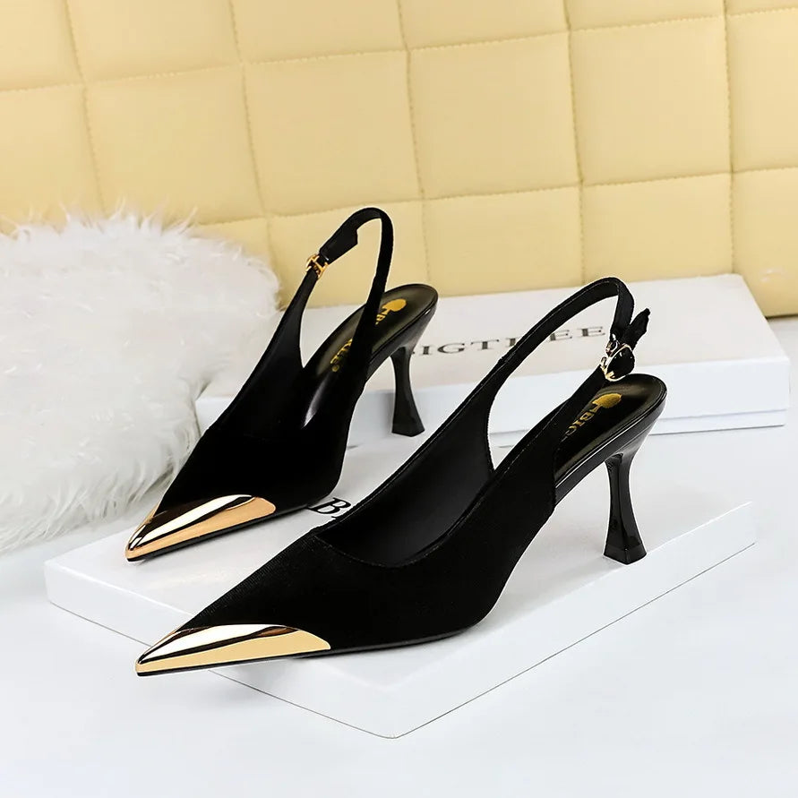 Women 7cm High Heels Green Burgundy Slingback Strap Pumps Lady Metal Toe Velvet Kitten Low Heels Nightclub Evening Party Shoes