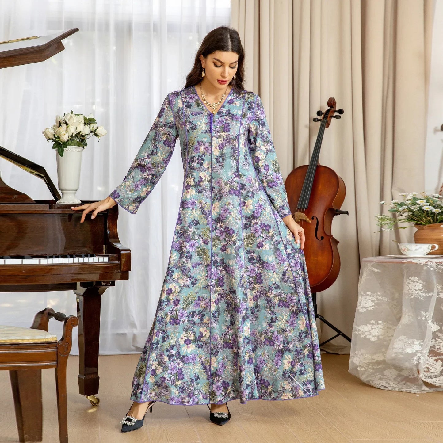 Maxy Spring Floral Print Muslim Abaya Dress Women Vintage Dubai Arab Turkey Morocco Kaftan Islamic Clothing Gown Robe