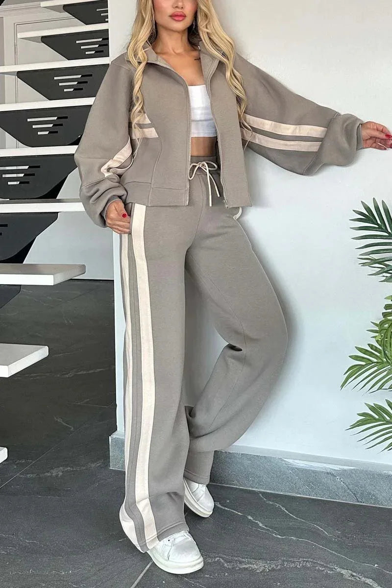 Maxy Y2K Striped Zipper Coat+sweatpants Two Piece Set Women Casual Batwing Sleeve Sports Jacket Outfits Autumn Winter Sweatshirt Suit