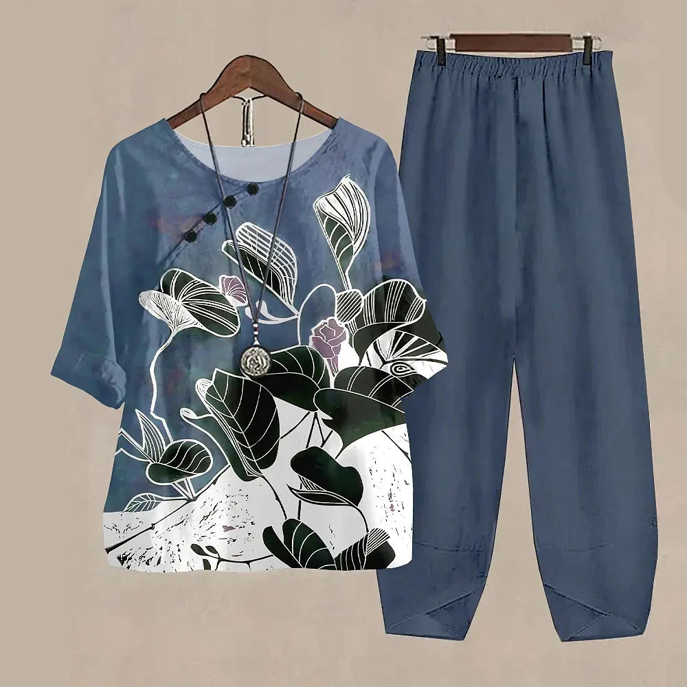 Maxy Leaf Printing Women O Neck Short Sleeve Suit Elegant High Waist Pants Fashion Top&Pants Set Casual Outfits Two Piece Sets Summer