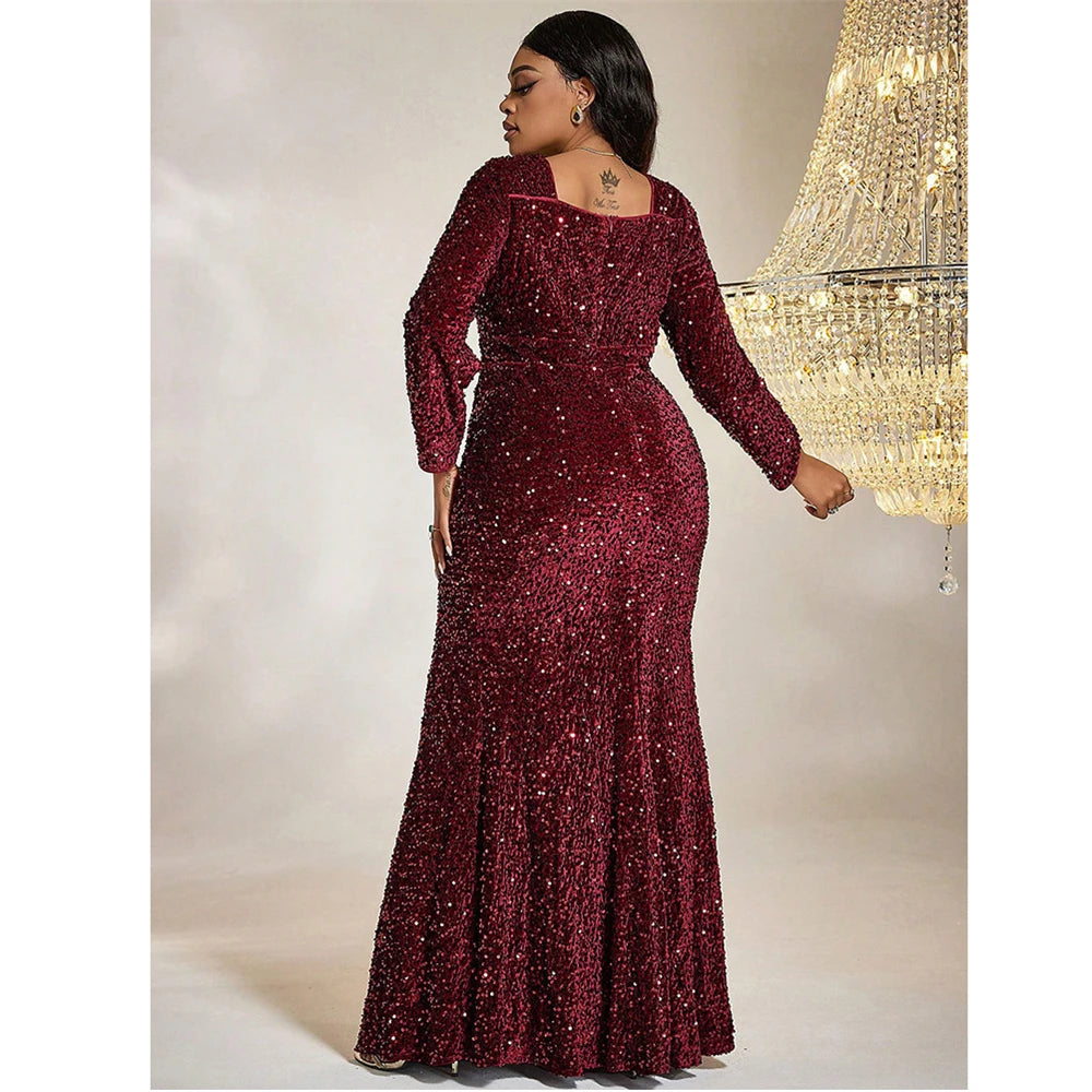 Maxy Plus Size Square Neck Sequin Luxury Extra Long Glitter Evening Gown Big Size Women Wedding Banquet Wine Red Sequin Evening Dress