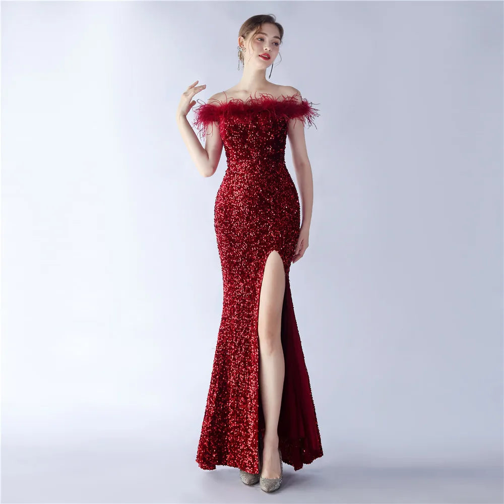 Maxy Evening Dress Burgundy Sequins Stretchy Off the Shoulder Feather Zipper Mermaid Trumpet Floor Length Women Party Formal Gowns