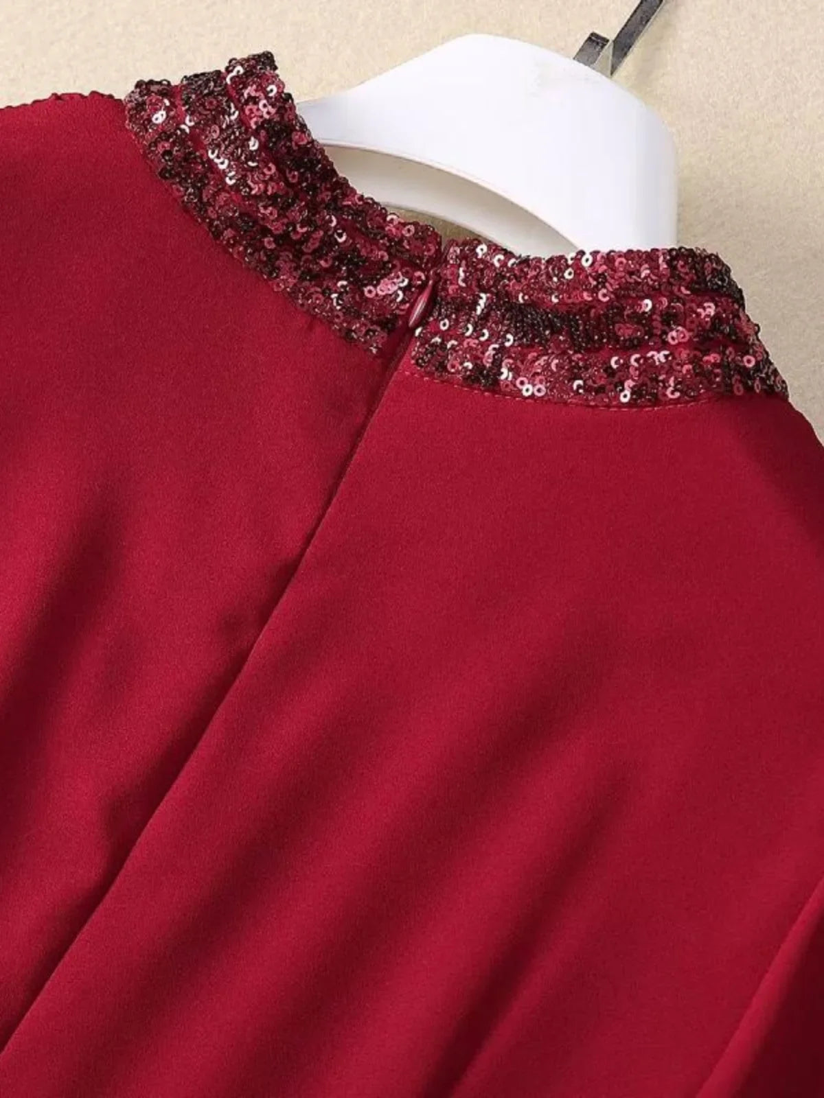 Amay CHICEVER Patchwork Sequined Formal Dresses for Women Stand Collar Hollow Out Long Sleeve High Waist Celebration Dresses Female