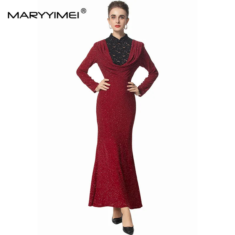 Amay Fashion design Women's Dress Stand collar Long Sleeves Pretty Slim-Fit Hip Wrap Lace Hollow Out Mermaid Evening Dress