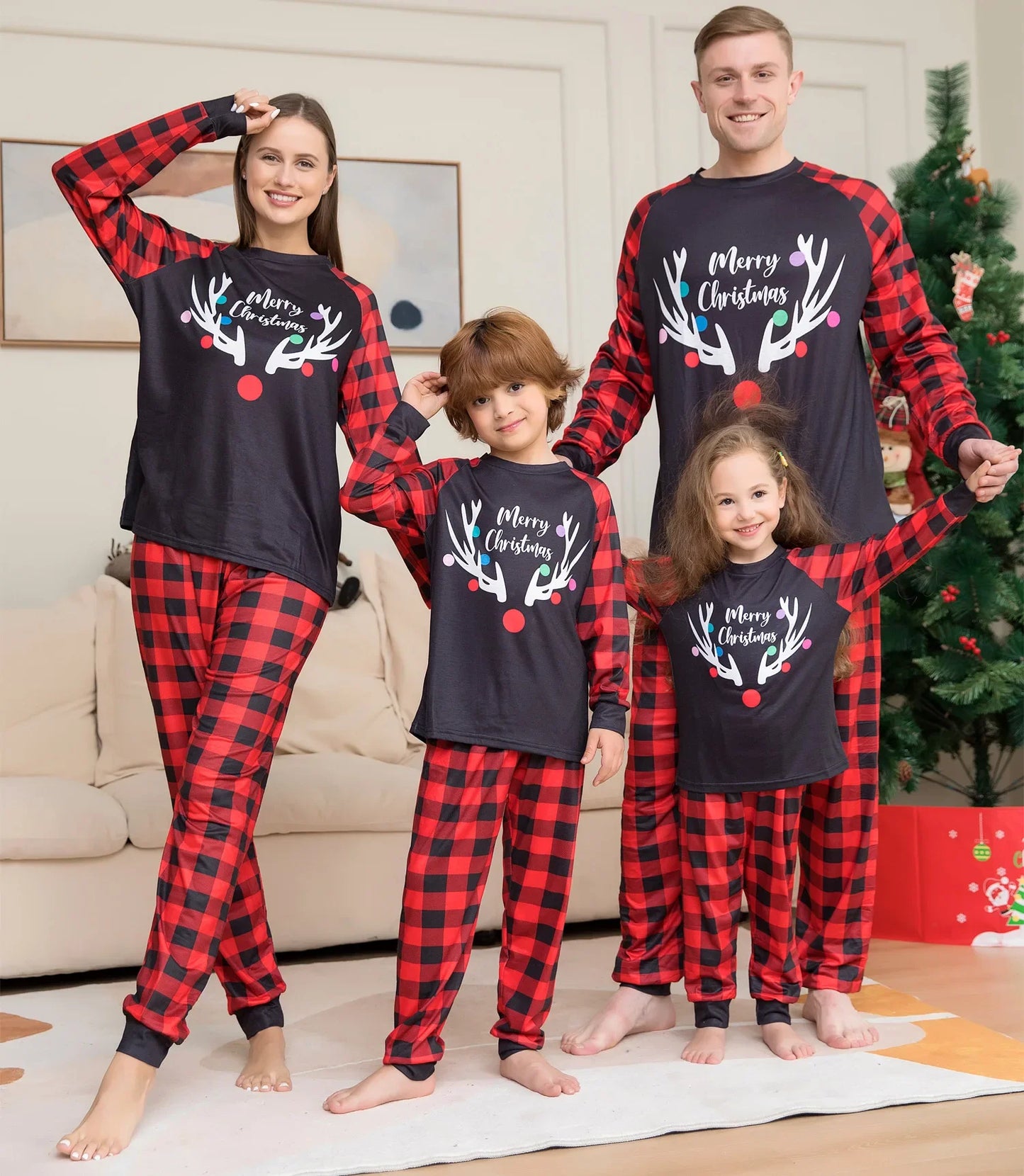 Merry Christmas Print Plaid Family Pajamas Set Soft Cute 2 Pcs Sleepwear Adults Kids Clothing Sets Baby&Dog Romper Pjs Xmas