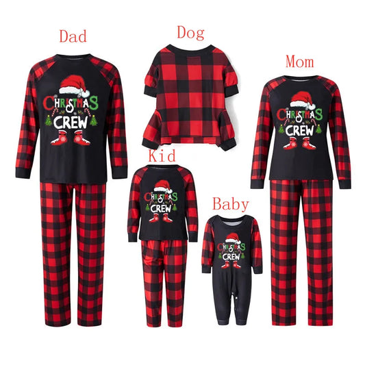 Maxy Family Matching Christmas Pajamas, Baby Romper/Letter Christmas Hat Print Long Sleeve Tops + Plaid Pants Sleepwear Set