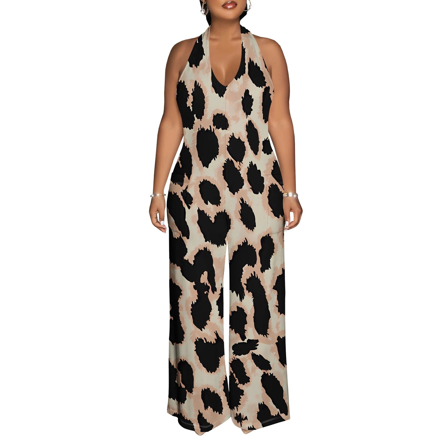 Maxy Bold Abstract Brushstroke Halter V-Neck Maxy Dress - Women's Modern Artsy Party Resortwear Evening Beachwear