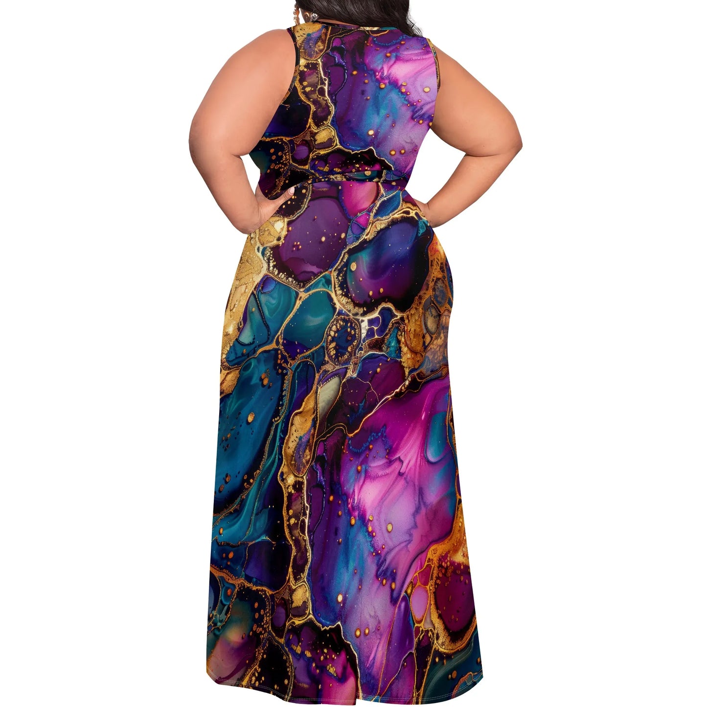 Maxy Galaxy Marble Print Maxi Dress XL-6XL – Sleeveless Wrap V-Neck Split Gown for Women Elegant Cruise or Evening Party Look